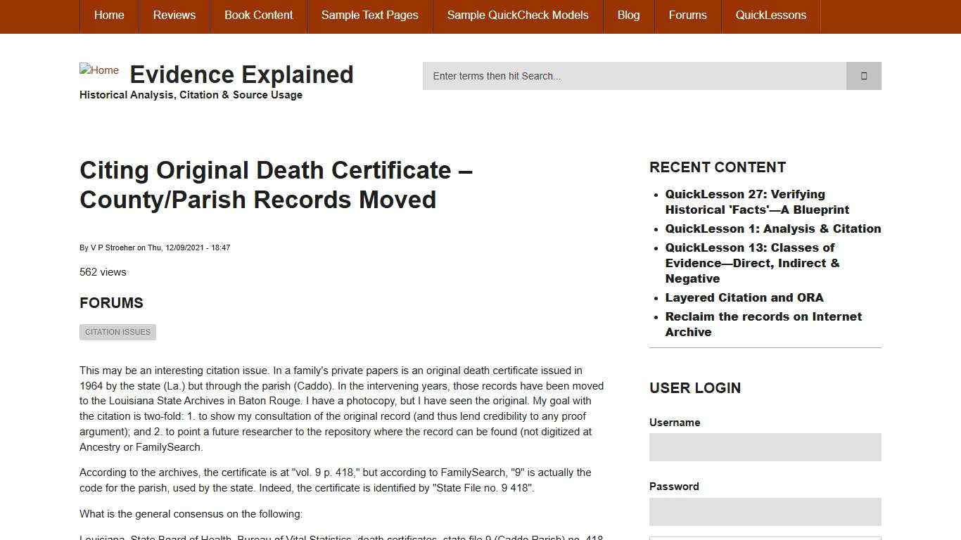 Citing Original Death Certificate – County/Parish Records Moved Evidence Explained